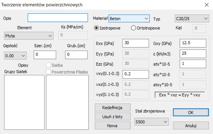 Opisz parametry dla tworzenia siatki: Opis: wprowadź nazwę i opis grupy siatki Element: wybierz rodzaj płyty.