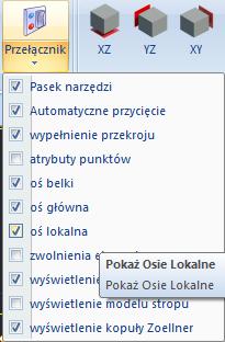 Aby wyświetlić osie lokalne elementów płytowych należy