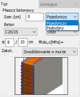 . Wybranie typu Ściany ze wzmocnieniem wpływa na charakterystyczną wytrzymałość muru na ściskanie. Obliczanie własności siły ścinania dla konstrukcji murowych przebiega wg. równania (3.