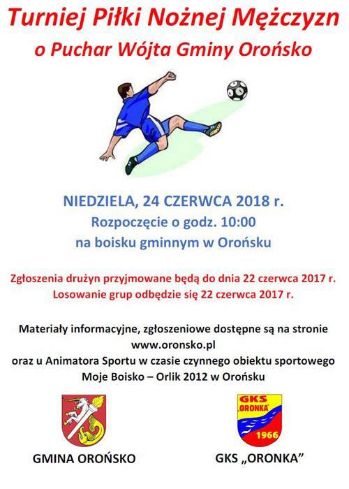 Puchar Wójta w Piłce Nożnej Turniej Piłki Nożnej Mężczyzn o Puchar Wójta Gminy Orońsko odbył się 24 czerwca 2018 roku na stadionie sportowym w Orońsku Organizatorami turnieju byli Wójt Gminy Orońsko