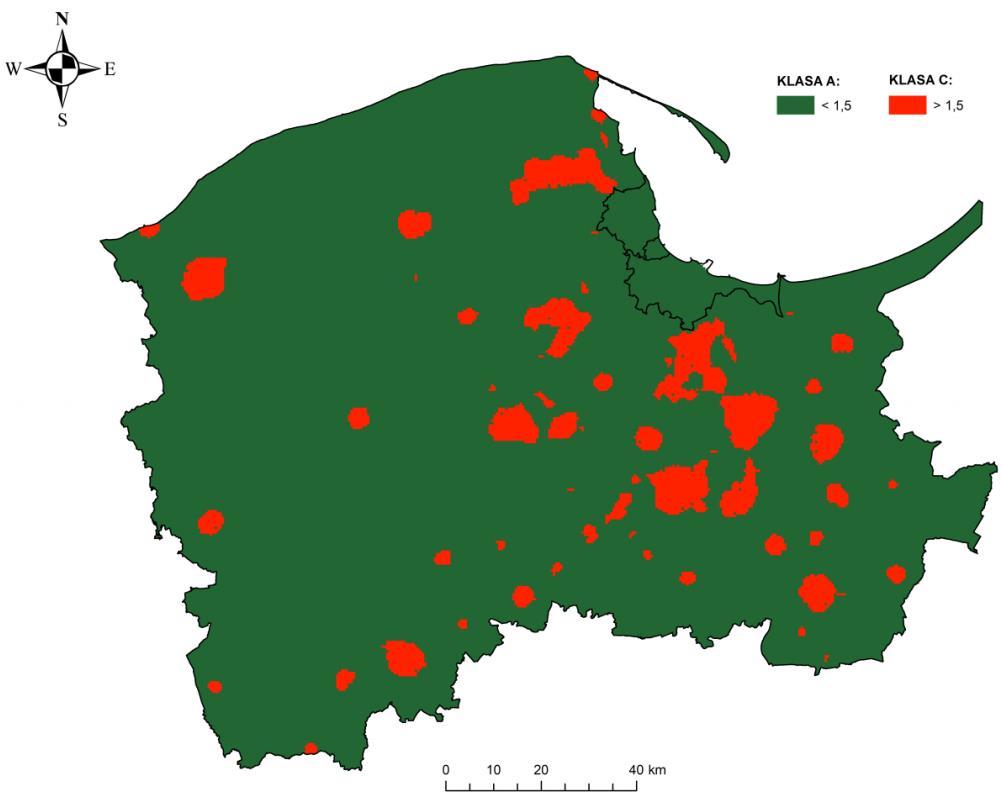Program Ochrony Środowiska dla Gminy na lata 2019-2022 z perspektywą do 2026 r. Rysunek 5. Obszary przekroczeń benzo(a)pirenu w pyle PM10.