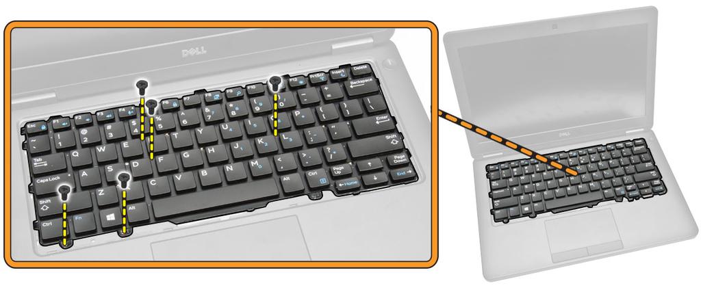 5. Wyjmij klawiaturę z komputera. Instalowanie klawiatury 1. Dopasuj otwory na śruby w klawiaturze do otworów w komputerze. 2.