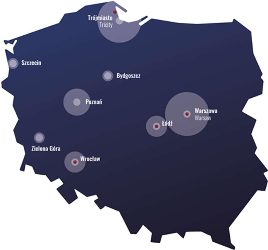 Lokalizacja nieruchomości Grupy Kapitałowej w Polsce i w Warszawie Powierzchnia wynajmowalna brutto (GLA) i wskaźnik pustostanów Na dzień roku portfel nieruchomości Grupy wynosił 308,8 tys. m 2 GLA.