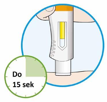4. Dalej przytrzymywać wstrzykiwacz mocno przy skórze. Kolor okienka zacznie się zmieniać na żółty. Wykonanie wstrzyknięcia może potrwać do 15 sekund. 5.