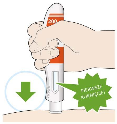 2. Przyłożyć żółtą osłonkę na igłę do skóry pod kątem około 90. Musi być widoczne okienko. 3. Wcisnąć wstrzykiwacz i mocno przytrzymać go przy skórze.