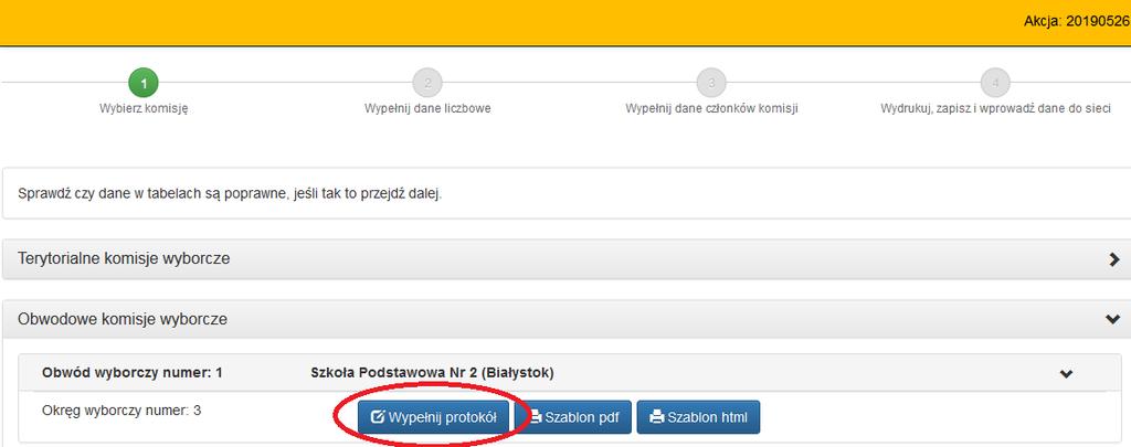 3 1) Wybierz komisję 2) Wypełnij dane liczbowe Protokoły wypełniamy zgodnie z przygotowaną tabelą na końcu, pozostałe nie podane w tabeli pola nagłówka należy wypełnić zerami lub zachowując