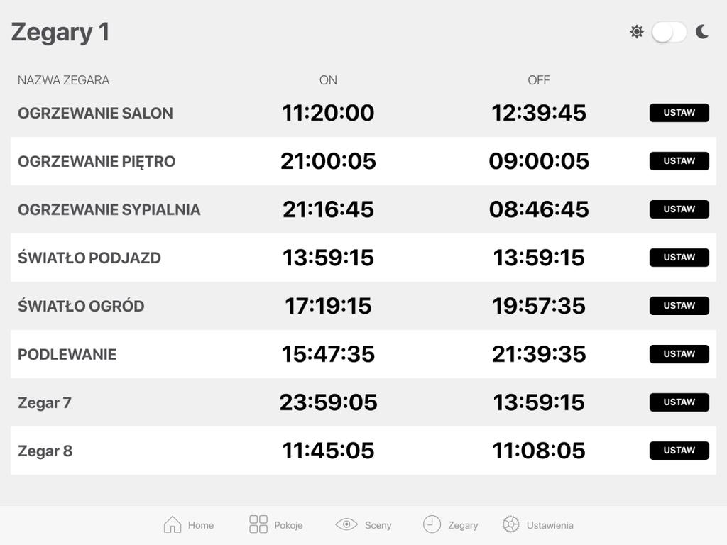 ZEGARY Dla każdego Sterboxa lub zestawu 8 zegarów ON/ OFF Przykład wyglądu z wpisanymi nazwami Konfiguracja aplikacji ZEGARY Aby edytować godzinę należy kliknąć