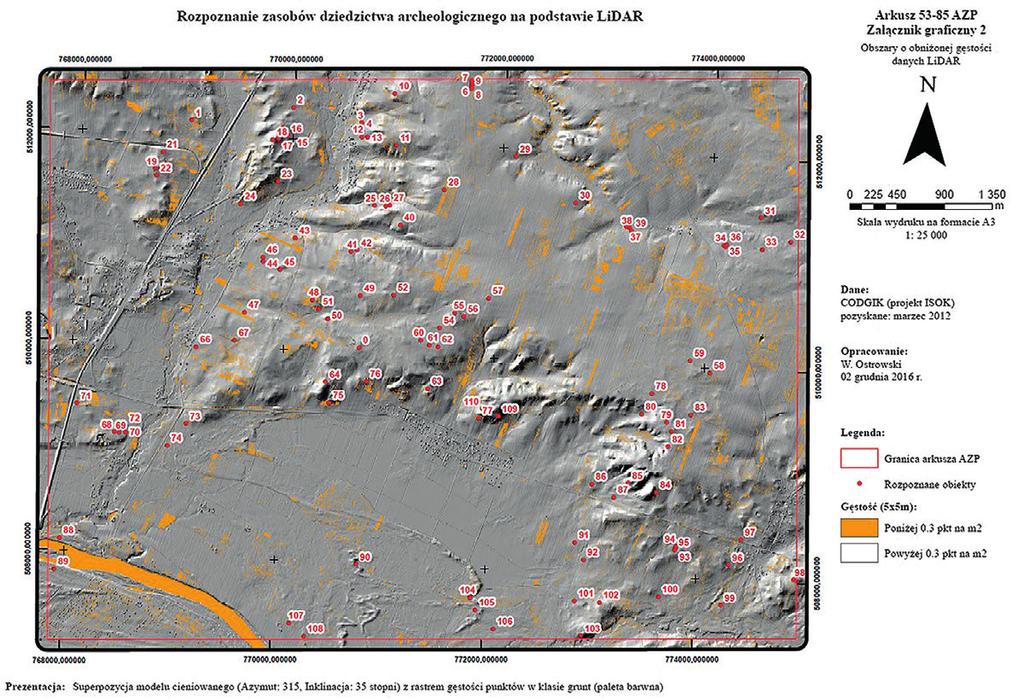 1. Przykład rozpoznania zasobów kulturowych na wybranym obszarze AZP z wykorzystaniem danych ALS z zaznaczeniem: rozpoznanych potencjalnych obiektów archeologicznych oraz miejsc o bardzo niskiej