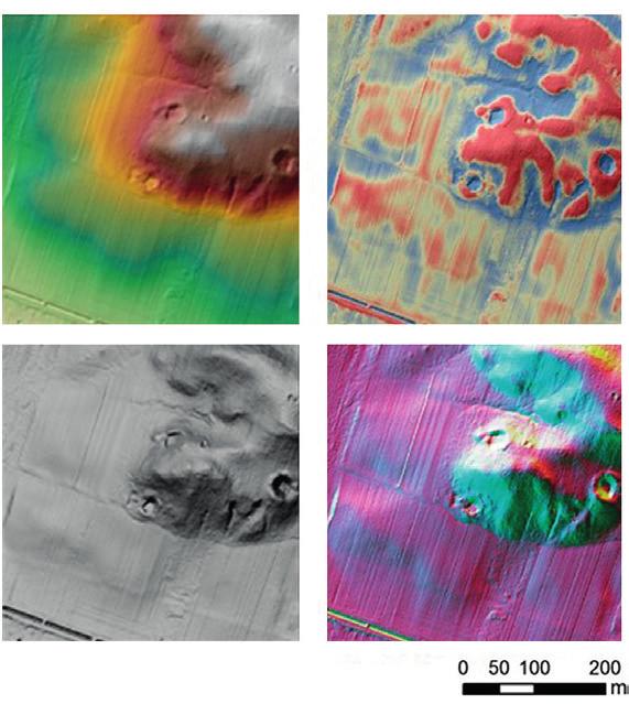 3. Superpozycje (nałożenia) produktów przetworzeń modelu wysokościowego z danych LIDAR (barwnej prezentacji, modeli różnicowych, modeli spadków i kompozycji składowych głównych modeli cieniowanych) z
