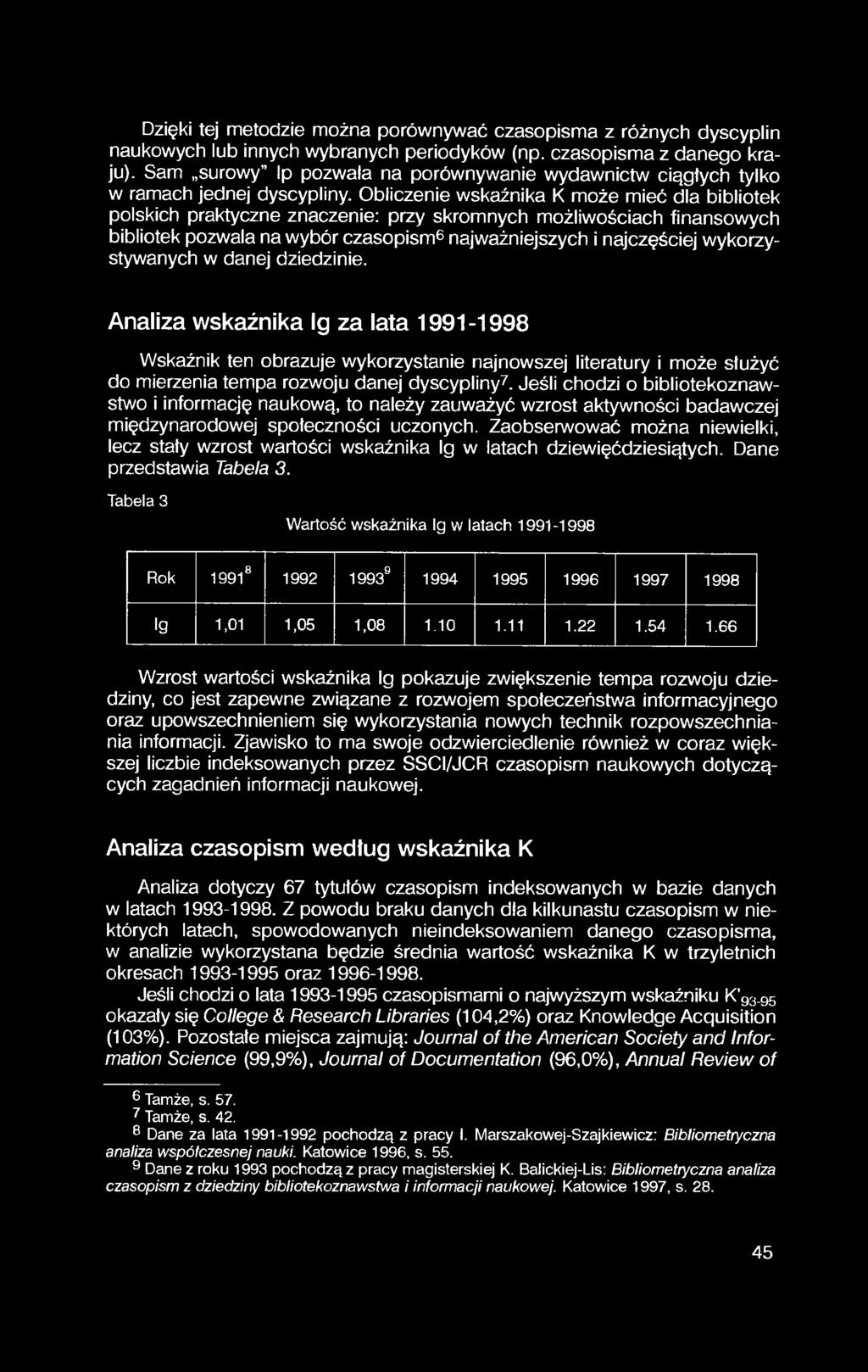 Obliczenie wskaźnika K może mieć dla bibliotek polskich praktyczne znaczenie: przy skromnych możliwościach finansowych bibliotek pozwala na wybór czasopism6 najważniejszych i najczęściej