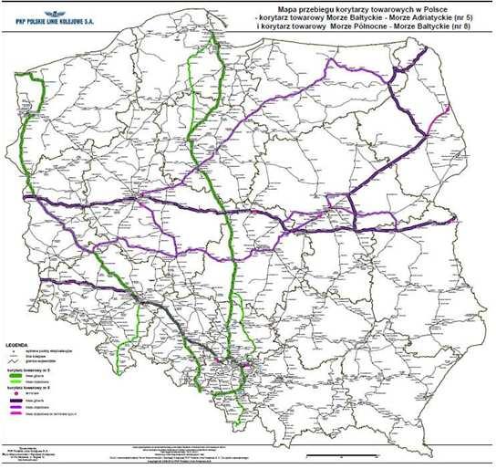 Linie kolejowe w korytarzach TEN-T i paneuropejskie towarowe kolejowe korytarze transportowe przechodzące przez Polskę oraz dwa transeuropejskie korytarze transportowe sieci bazowej TEN-T: nr 5 Morze