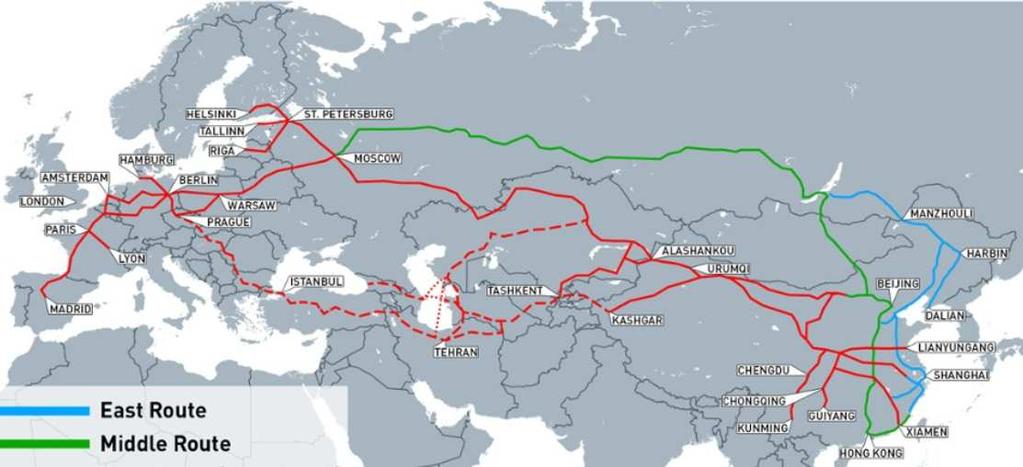 Podstawowe trasy przewozów kolejowych w relacjach Chiny Europa LEGENDA: Trasa Zachodnia istniejąca (West Bound Corridor) w budowie Trasa Środkowa (Middle Bound Corridor) Trasa Wschodnia (East Bound