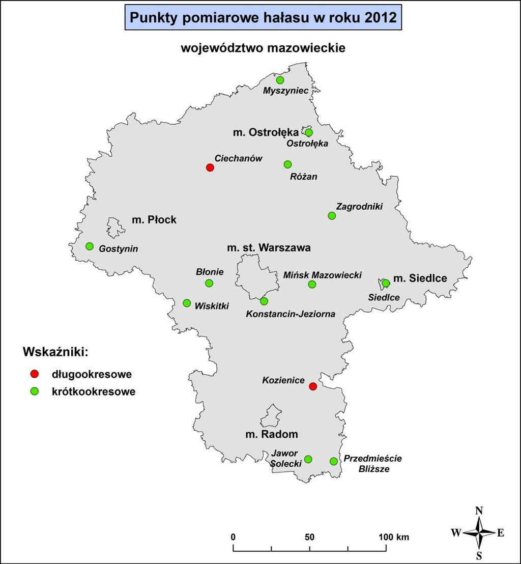 Zmiana mapy za mapami 2.3.1. i 2.3.2. (str. 44) należy wstawić nową mapę 2.3.3. z lokalizacją planowanych ów pomiarowych hałasu w 2012 r. Mapa 2.3.3. Lokalizacja planowanych ów pomiarowych hałasu w 2012 r.