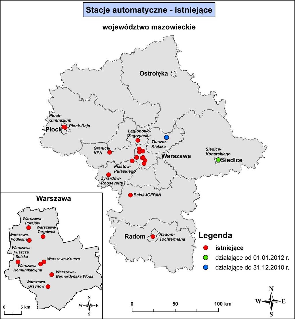 stanowiskach pasywnych, w 2011 r. na 17 stacjach pomiarowych (9 automatycznych i 8 manualnych), a w 2012 r. na 18 stacjach pomiarowych (10 automatycznych i 8 manualnych). Zmiana mapy mapę nr 2.1.1. Lokalizacja stacji automatycznych istniejących w województwie mazowieckim (str.
