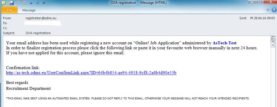 In order to finalize registration process please click the following link or paste it in