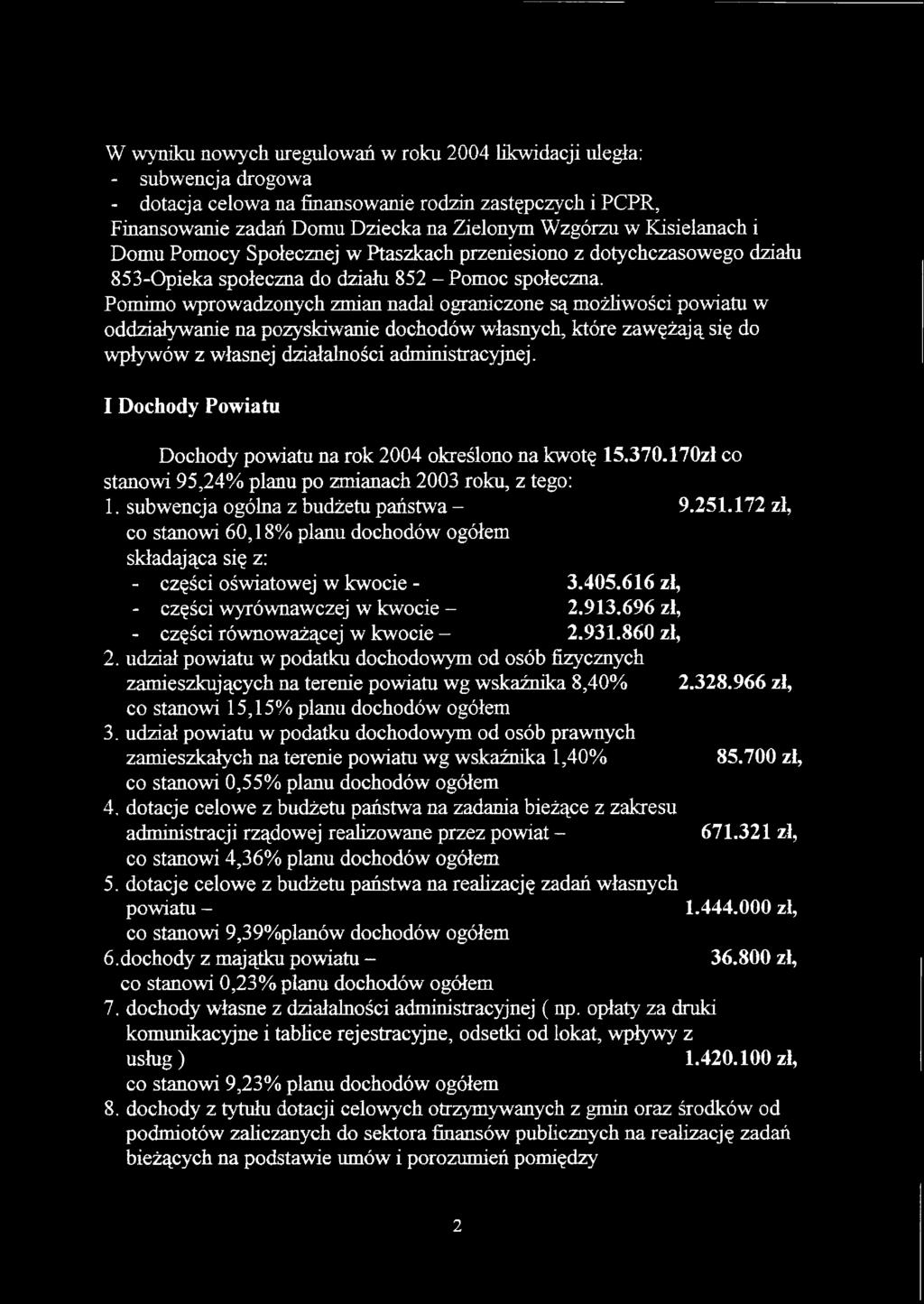 Pomimo wprowadzonych zmian nadal ograniczone są możliwości powiatu w oddziaływanie na pozyskiwanie dochodów własnych, które zawężają się do wpływów z własnej działalności administracyjnej.