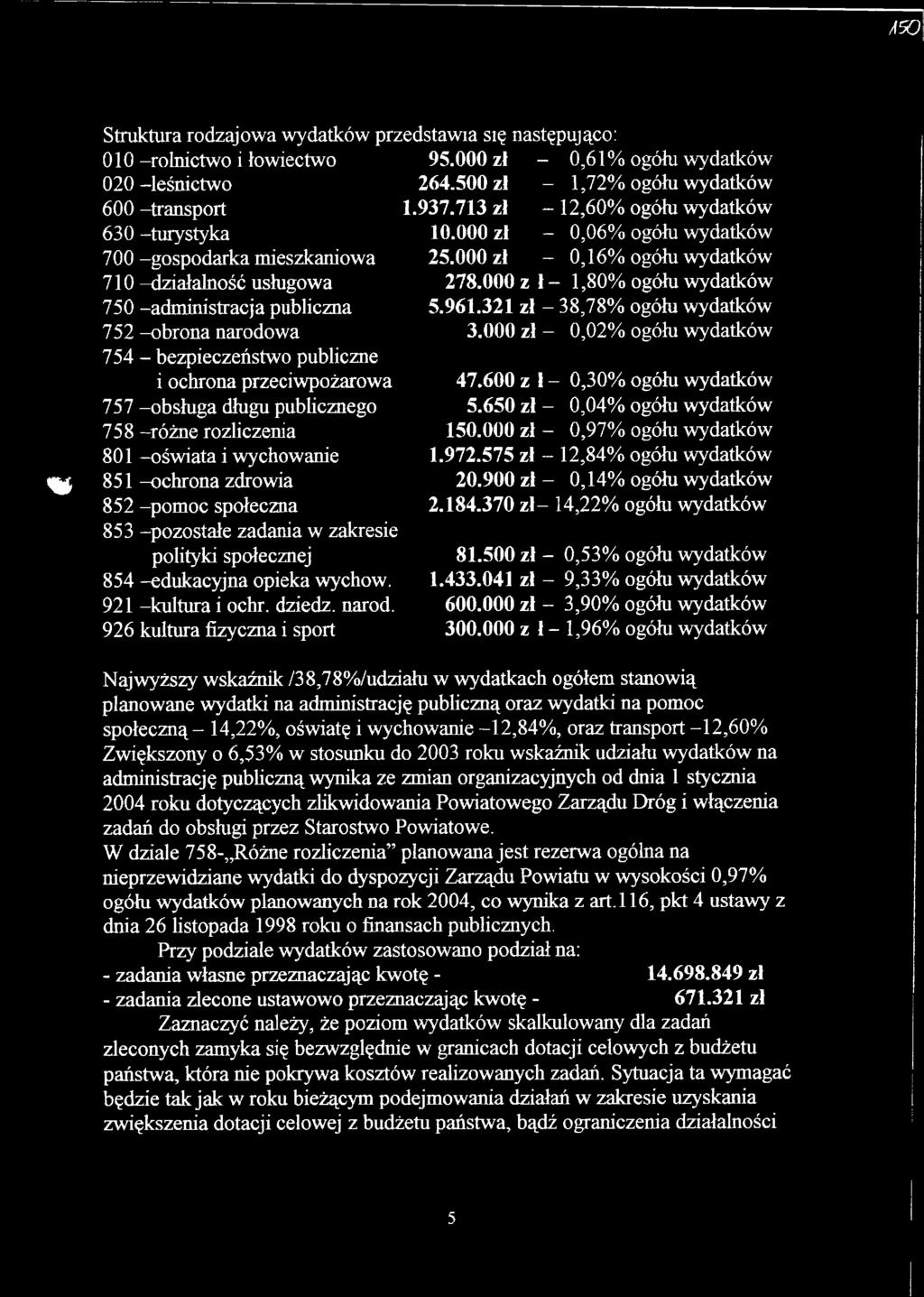 -pomoc społeczna 853 -pozostałe zadania w zakresie polityki społecznej 854 -edukacyjna opieka wychów. 921 -kultura i ochr, dziedz. naród. 926 kultura fizyczna i sport 95. zł -,61% ogółu wydatków 264.