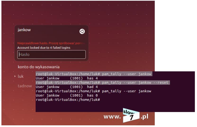24 (Pobrane z slow7.pl) Po definicji wszystkich ustawień możemy przeprowadzić próbę logowania. W naszym teście użytkownik jankow trzy razy wpisuje błędne hasło.