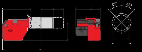 Rebbe Zwymiarowanie palnika Wymiary palnika Otwory montażowe Przedłużenie rury palnika X do palnika MG20 o 100 mm lub 200 mm.