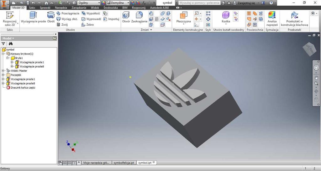 3. Realizacja projektu 3.1. Utworzenie trójwymiarowego modelu symbolu za pomocą programu Inventor Pierwszym etapem realizacji projektu jest wykonanie bryły, która posłuży do obróbki.