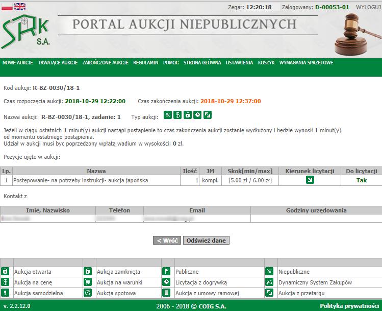 LICYTACJA: Jeżeli nastanie czas rozpoczęcia aukcji - zgodnie z zegarem, który widnieje w prawym górnym rogu - następuje automatyczne przeniesienie aukcji do zakładki Trwające aukcje.