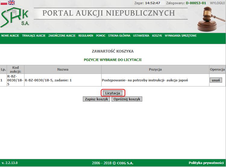 Kolejnym krokiem jest podanie ustalonego podczas pierwszego logowania hasła do licytacji, a następnie wybranie przycisku
