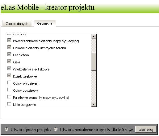 Możliwy jest wybór dodatkowych warstw geometrycznych, poza standardowo wykorzystywanymi w zdefiniowanych projektach mapowych.