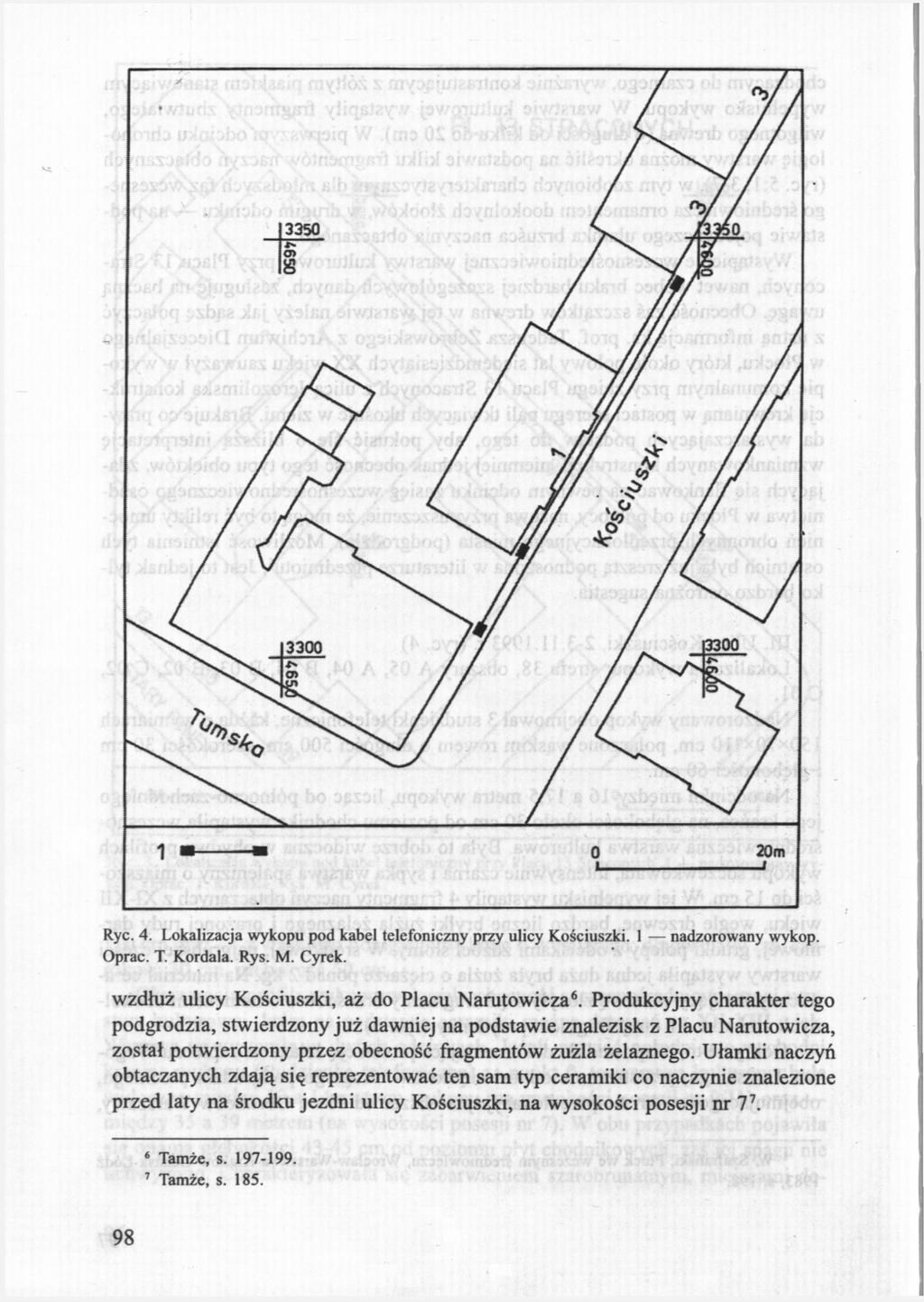 Ryc. 4. Lokalizacja wykopu pod kabel telefoniczny przy ulicy Kościuszki. 1 nadzorowany wykop. Oprać. T. Kordala. Rys. M. Cyrek. wzdłuż ulicy Kościuszki, aż do Placu Narutowicza 6.