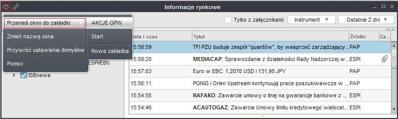 5.2. Przenoszenie okna do innej zakładki Każde okno można przenieść do innej Zakładki w następujący sposób: 1) Wyświetl dowolne okno aplikacji; 2) W wyświetlonym oknie kliknij ikonę Ustawienia w