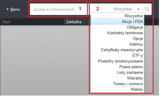 3.2. Wyszukiwarka instrumentów W aplikacji etrader zastosowano dwa rodzaje wyszukiwarek instrumentów: wyszukiwarka główna; wyszukiwarka lokalna.