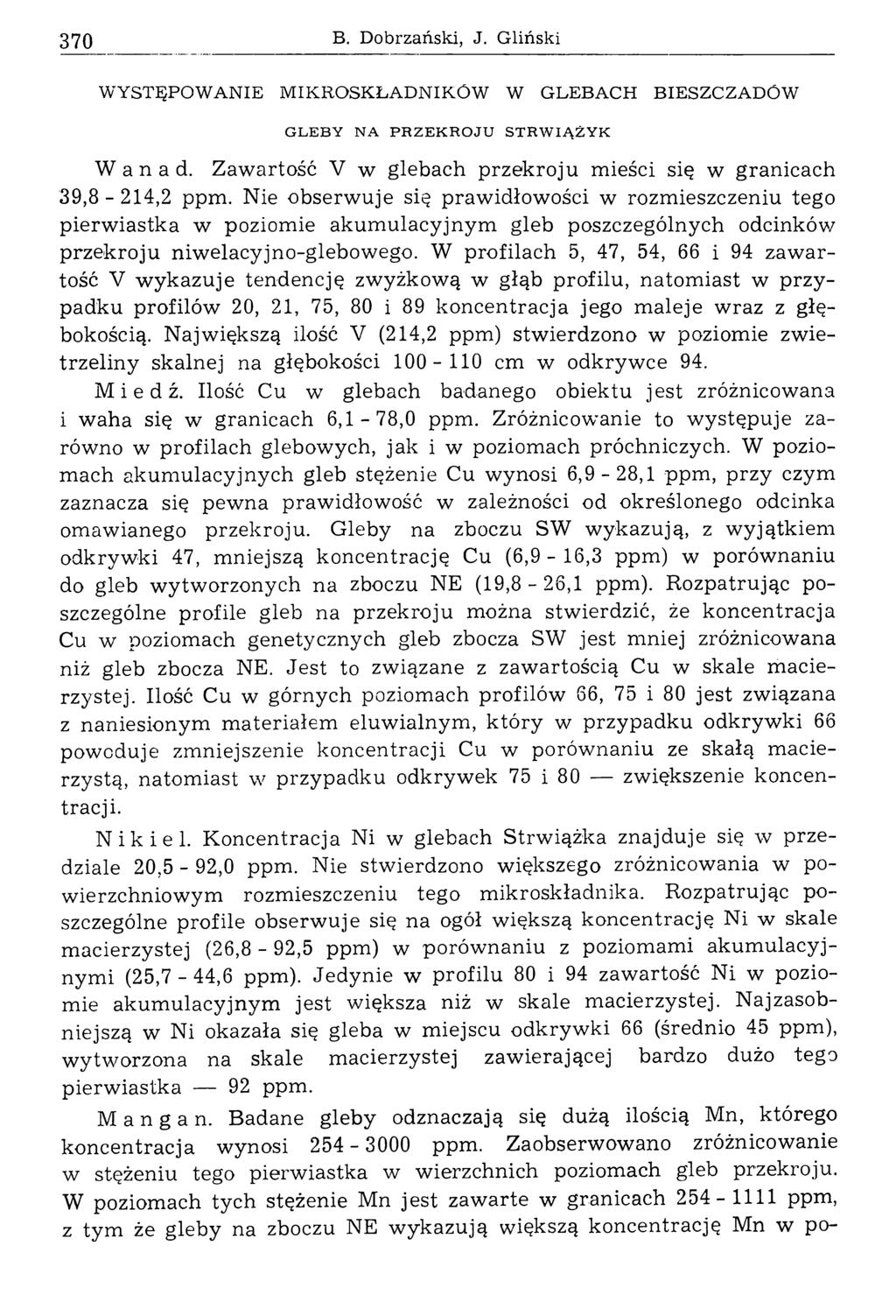 370 В. Dobrzański, J. Gliński WYSTĘPOWANIE MIKROSKŁADNIKÓW W GLEBACH BIESZCZADÓW GLEBY NA PRZEKROJU STRW IĄŻYK Wanad. Zawartość V w glebach przekroju mieści się w granicach 39,8-214,2 ppm.