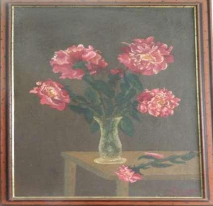 Tytuł: Piwonie / Peonies Technika: olej na płótnie / oil on canvas, 80x50cm, z ramą