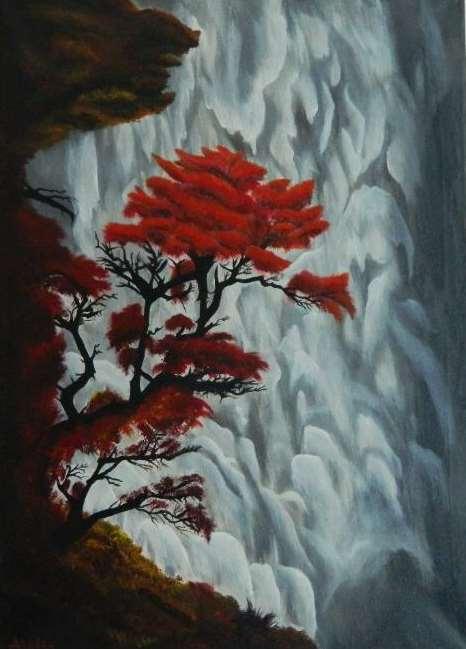 Tytuł: Drzewo przy wodospadzie / Tree by the waterfall Technika: akryl na płótnie / acrylic on