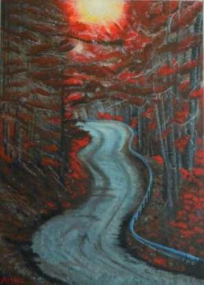 Tytuł: Droga w lesie / The road in the forest Technika: olej na płótnie / oil on canvas,