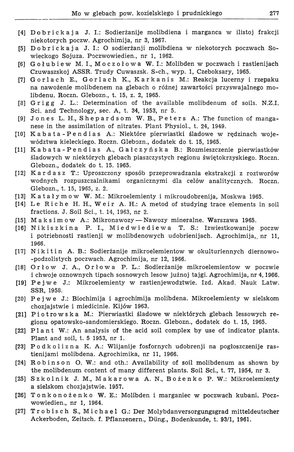 Mo w glebach pow. kozielskiego i prudnickiego 277 [4] Dobrickaja J. I.: Sodierżanije molibdiena i marganca w ilistoj frakcji niekotorych poczw. Agrochimija, nr 3, 1967. [5] Dobrickaja J. I.: O sodierżanji molibdiena w niekotorych poczwach Sowieckogo Sojuza.