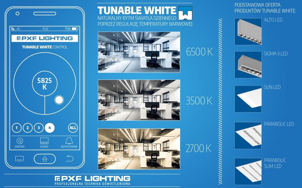 PXF Lighting prezentuje oprawy Tunable White W ofercie produktów PXF Lighting dostępne są oprawy oświetleniowe w wersjach Tunable White.