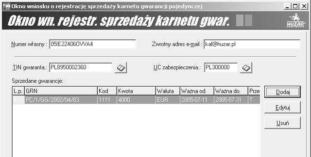 Wyślij informacje o sprzedaniu karnetu gwar. Poj. (IE224). Wybierając tę funkcję wyświetlimy okienko Okno wn. Rejestr. SprzedaŜy karnetu gwar.