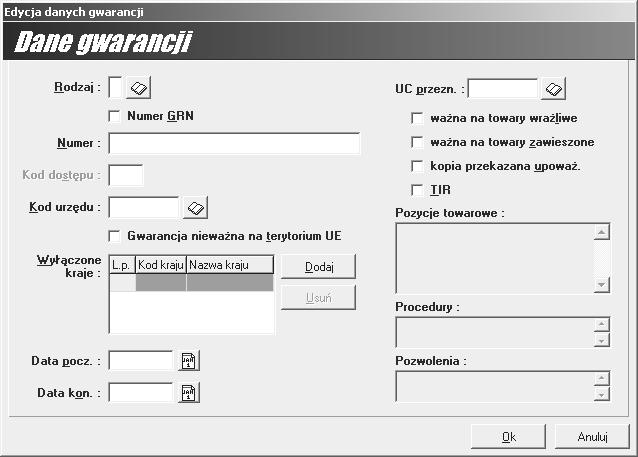Dodanie i edycja opisu gwarancji Dane o gwarancji moŝna dodać do bazy za pomocą przycisku Dodaj bądź edytować istniejąca przyciskiem Edytuj, które znajdują się w oknie Moduł gwarancji GRN z prawej