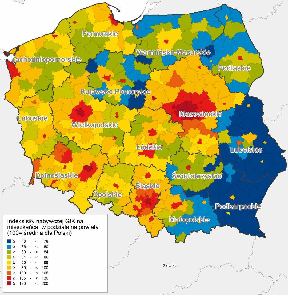 Ogólna Siła Nabywcza GfK (najwyższa, korelująca z zasięgiem nadawania TVP3 Warszawa) Efektem corocznej analizy GfK jest wska nik Indeks Si y Nabywczej GfK, kt ry nale y do najwa niejszych