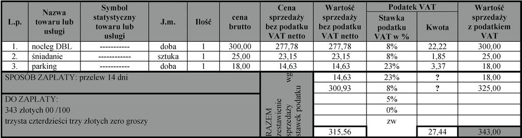 Zadanie 39. Korzystając z załączonego fragmentu rachunku wstępnego oblicz wartość netto usług podstawowych, dla których stawka VAT wynosi 8%. Cena jednostkowa Wartość Nazwa usługi j.m. ilość brutto (zł) brutto (zł) A.