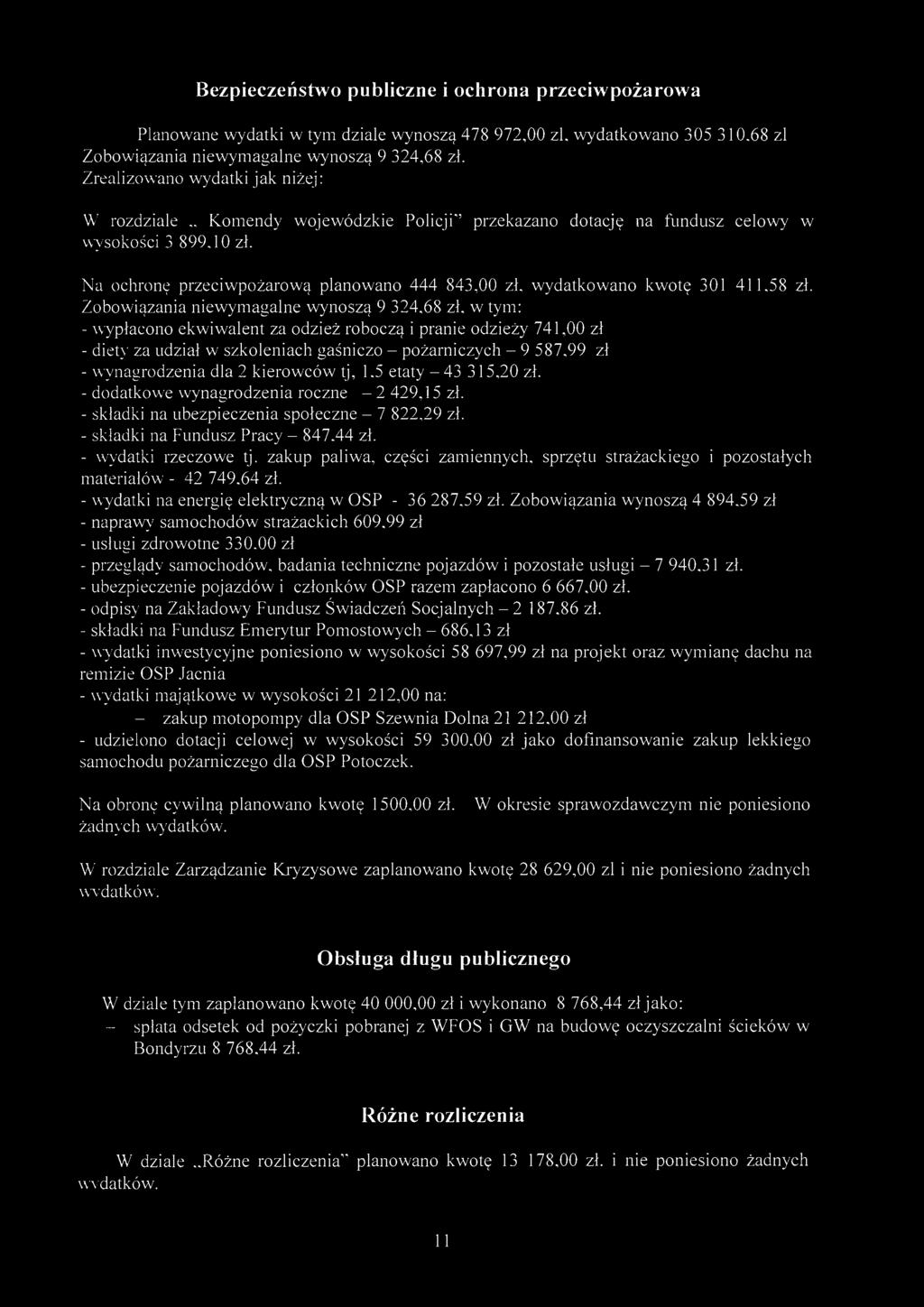 Bezpieczeństwo publiczne i ochron przeciwpożrow Plnowne wydtki w tym dzile wynoszą 478 972,00 zl. wydtkowno 305 310.68 zl Zobowiązni niewymglne wynoszą 9 324,68 zł.