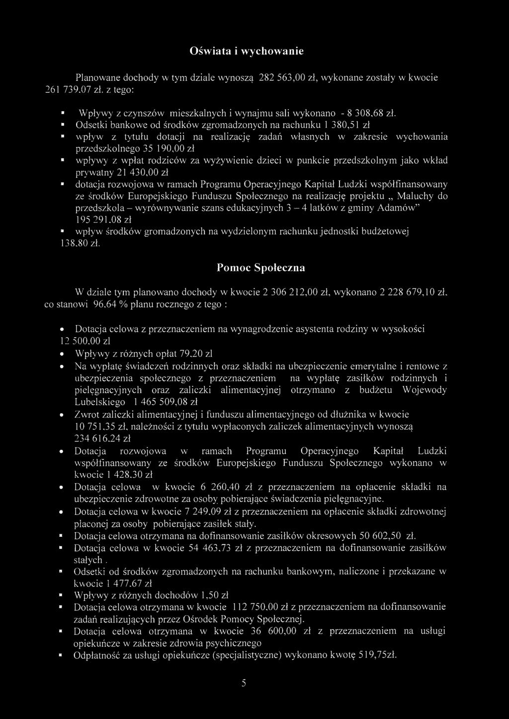 Oświt i wychownie Plnowne dochody w tym dzile wynoszą 282 563,00 zł, wykonne zostły w kwocie 261 739.07 zł. z tego: Wpływy z czynszów mieszklnych i wynjmu sli wykonno - 8 308,68 zł.