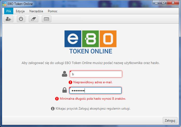 Rysunek 12: Błędne logowanie Rysunek 13: Logowanie się do usługi EBO Token Online Po zalogowaniu wyświetli się strona startowa