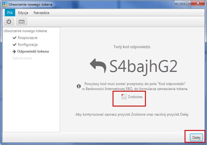 Rysunek 27: Kod odpowiedzi Po użyciu przycisku Dalej, wyświetli się okno z informacją o utworzeniu i aktywowaniu tokena gdzie następnie klikamy przycisk Zakończ.