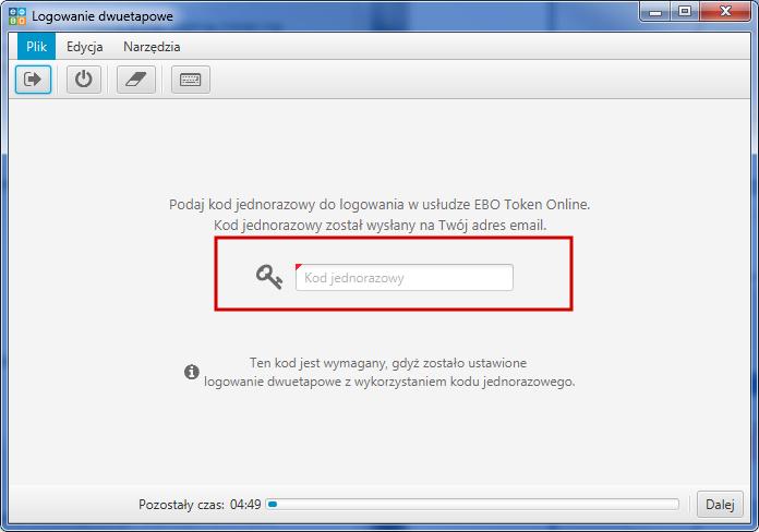 Przy ponownym logowaniu, dostaniemy e-mail z kodem jednorazowym, który należy skopiować lub przepisać do pola Kod jednorazowy w aplikacji EBO Token Online a następnie użyć przycisk Dalej.