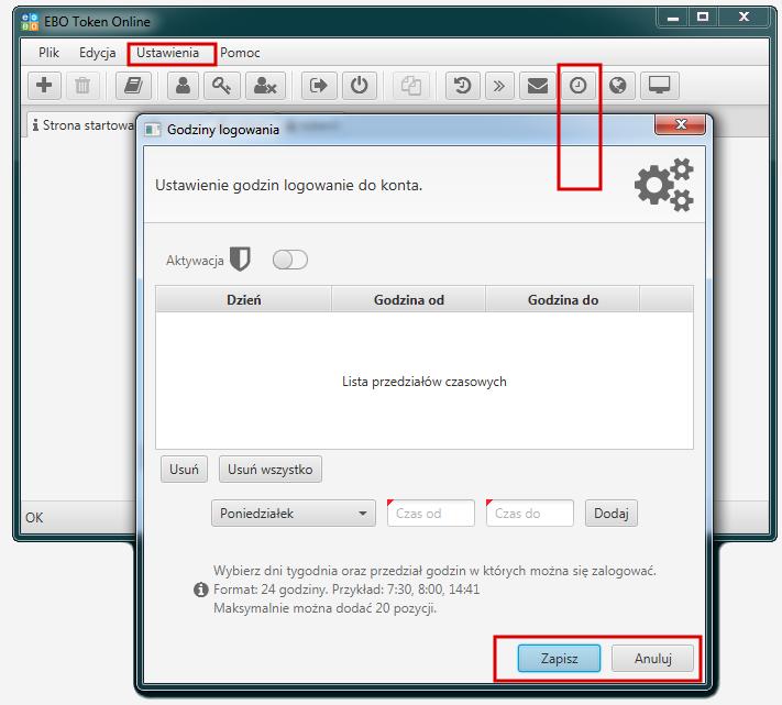 3 Godziny logowania Po wejściu w Ustawienia» Godziny logowania lub kliknięcie ikonki, wyświetli się formularz z