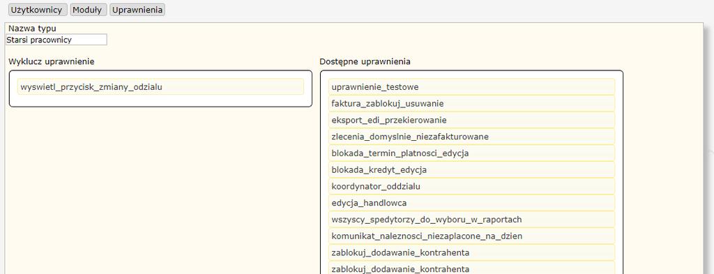16 HERMES GT INSTRUKCJA DO PROGRAMU Rysunek 11 Wykluczenie uprawnienia zmiany oddziału dla grupy Starsi pracownicy Można również ograniczyć użytkownikowi wyświetlanie tras i zleceń do stworzonych