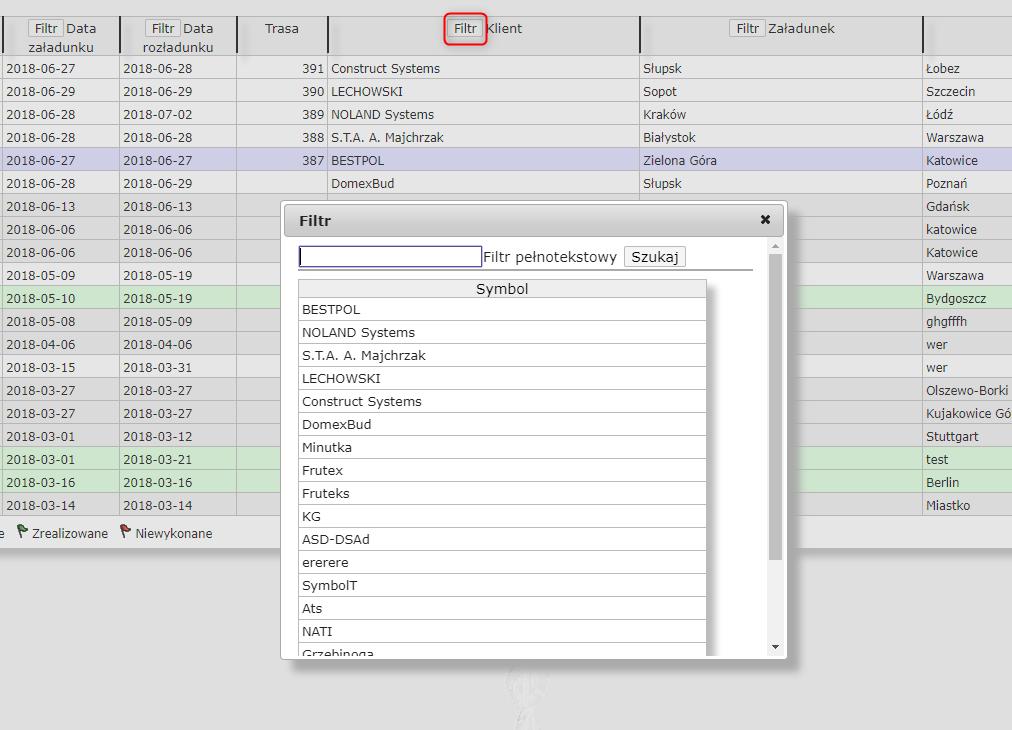24 HERMES GT INSTRUKCJA DO PROGRAMU Rysunek 16 Okno filtrów dostępne dla kolumny Klient Filtrowanie przy pomocy menu bocznego 1. Filtrowanie według podanej wartości tekstowej: a.
