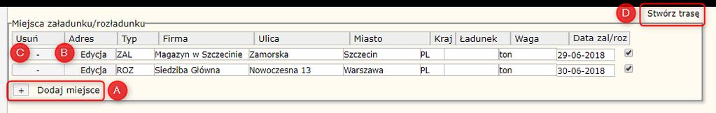 27 HERMES GT INSTRUKCJA DO PROGRAMU MIEJSCA ZAŁADUNKU / ROZŁADUNKU Rysunek 21 Sekcja miejsc załadunku i rozładunku oraz