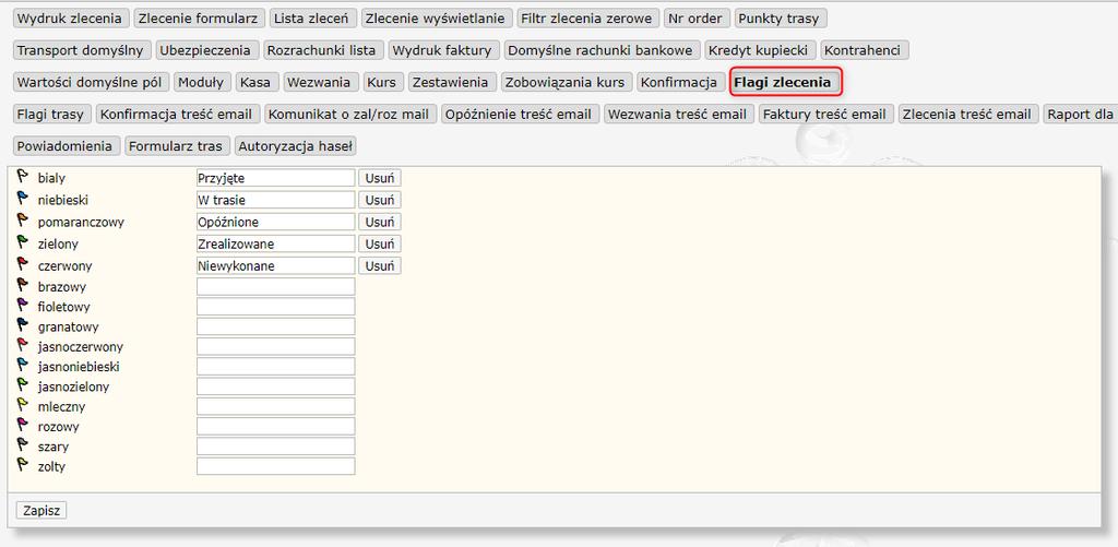 32 HERMES GT INSTRUKCJA DO PROGRAMU FLAGI ZLECENIA Rysunek 27 Ustawienia administracyjne Parametry Flagi